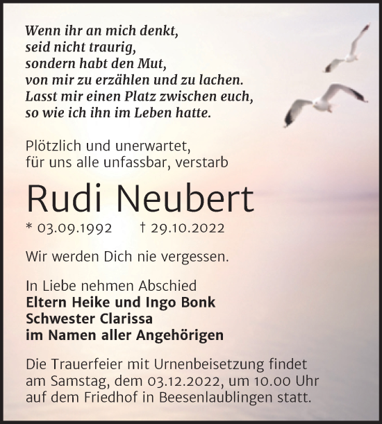 Traueranzeige von Rudi Neubert von Trauerkombi Bernburg