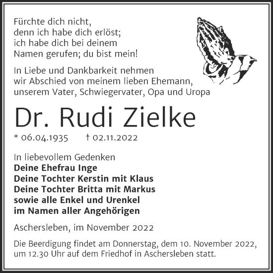 Traueranzeige von Rudi Zielke von Trauerkombi Aschersleben