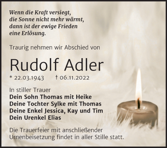 Traueranzeige von Rudolf Adler von Trauerkombi Wittenberg