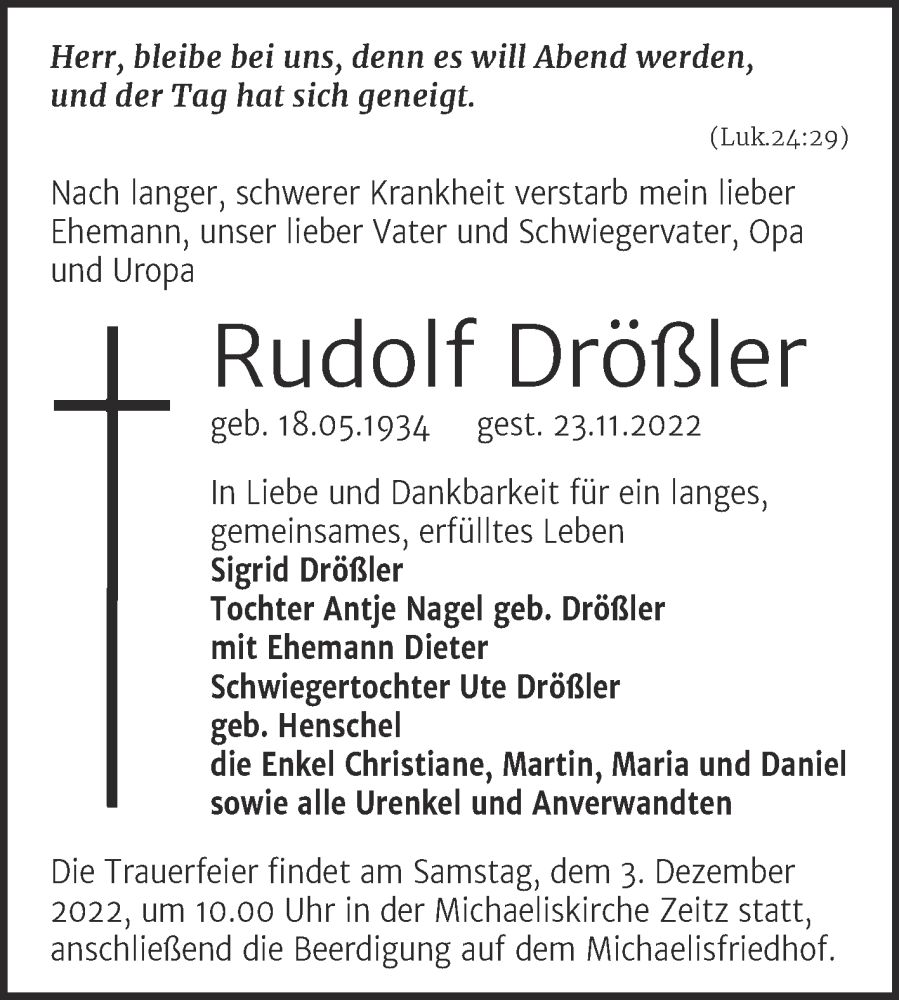  Traueranzeige für Rudolf Drößler vom 30.11.2022 aus Trauerkombi Zeitz