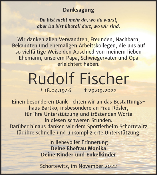 Traueranzeige von Rudolf Fischer von Trauerkombi Köthen