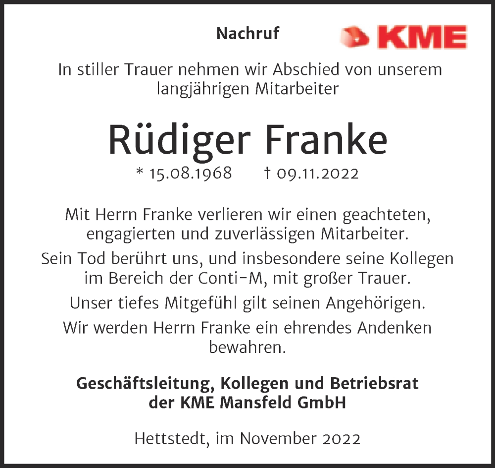  Traueranzeige für Rüdiger Franke vom 24.11.2022 aus Mitteldeutsche Zeitung Mansfelder Land