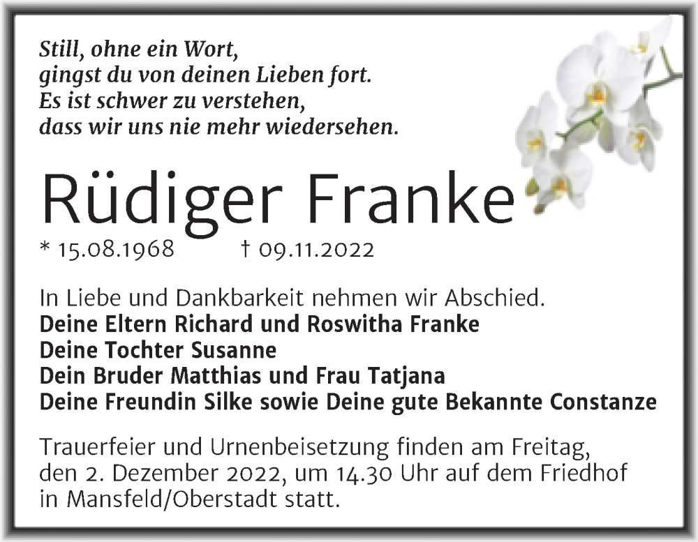  Traueranzeige für Rüdiger Franke vom 19.11.2022 aus Trauerkombi Mansfelder Land