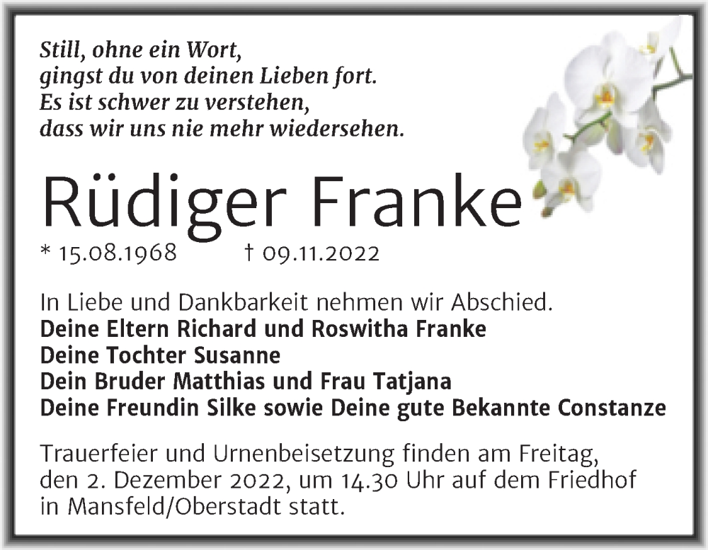  Traueranzeige für Rüdiger Franke vom 26.11.2022 aus Trauerkombi Mansfelder Land