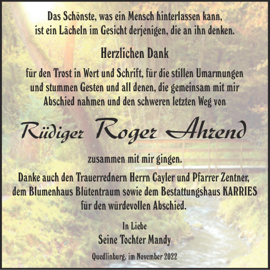 Traueranzeige von Rüdiger Roger Ahrend von Trauerkombi Quedlinburg