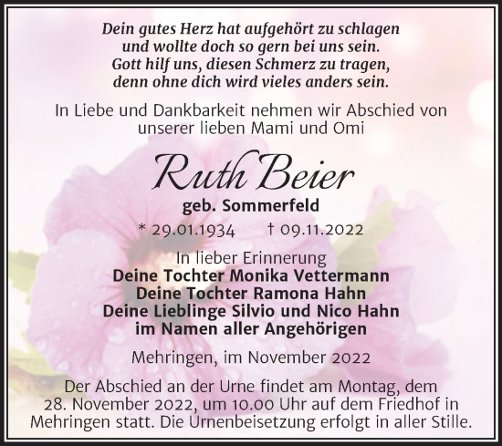 Traueranzeige von Ruth Beier von Trauerkombi Aschersleben