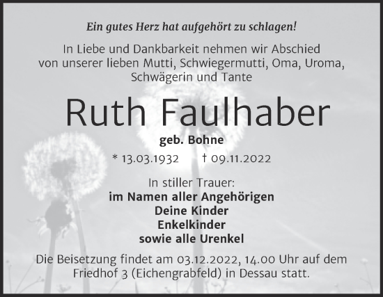 Traueranzeige von Ruth Faulhaber von Trauerkombi Dessau