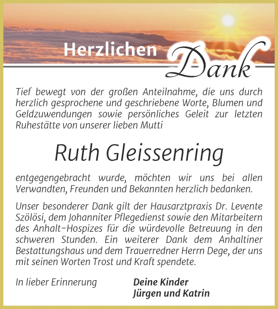Traueranzeige von Ruth Gleissenring von Trauerkombi Dessau