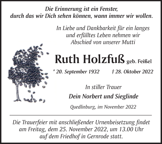 Traueranzeige von Ruth Holzfuß von Trauerkombi Quedlinburg