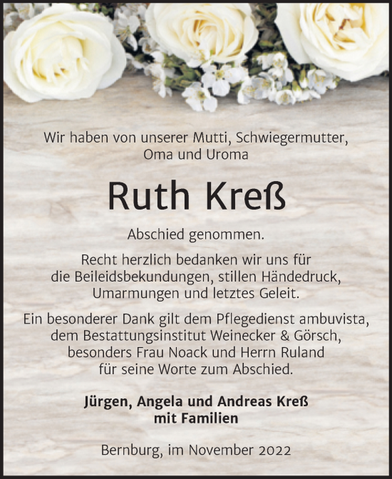 Traueranzeige von Ruth Kreß von Trauerkombi Bernburg