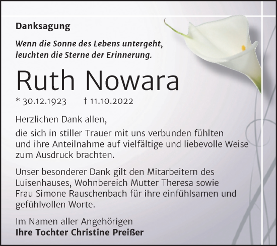 Traueranzeige von Ruth Nowara von Wochenspiegel Naumburg/Nebra