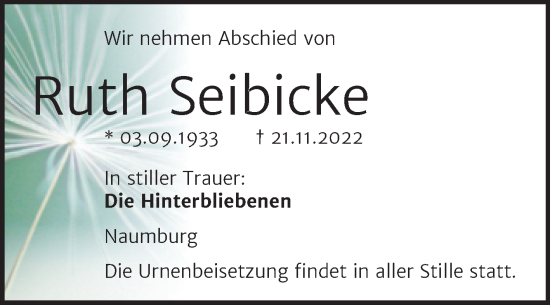 Traueranzeige von Ruth Seibicke von Wochenspiegel Naumburg/Nebra