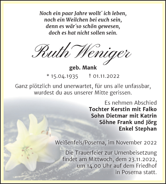 Traueranzeige von Ruth Weniger von Trauerkombi Weißenfels