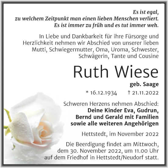 Traueranzeige von Ruth Wiese von Trauerkombi Mansfelder Land