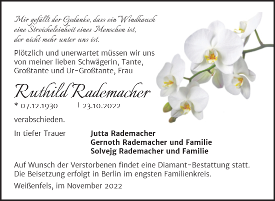Traueranzeige von Ruthild Rademacher von Trauerkombi Weißenfels