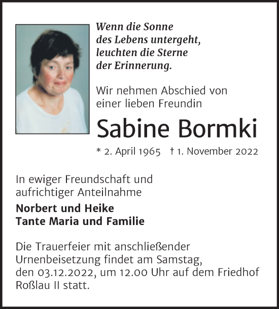 Traueranzeige von Sabine Bormki von Trauerkombi Dessau