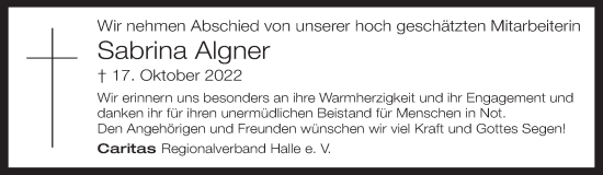 Traueranzeige von Sabrina Algner von Mitteldeutsche Zeitung Halle/Saalkreis
