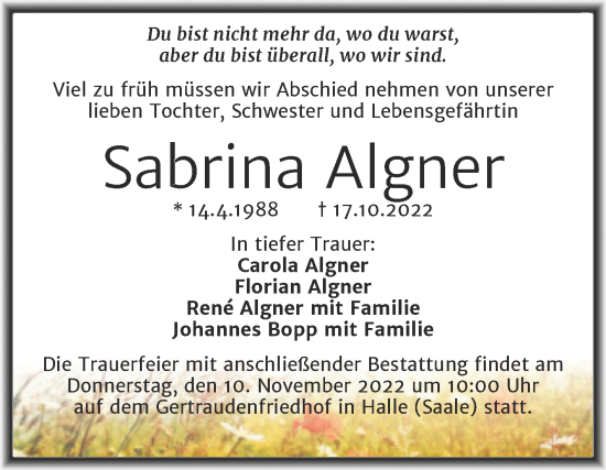 Traueranzeige von Sabrina Algner von Mitteldeutsche Zeitung Halle/Saalkreis