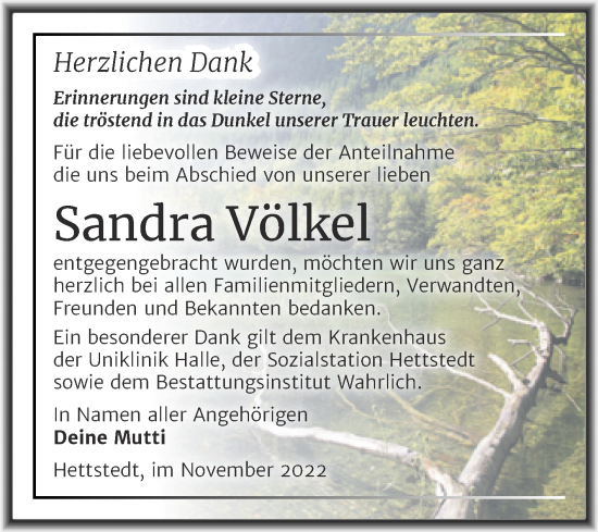Traueranzeige von Sandra Völkel von Trauerkombi Mansfelder Land