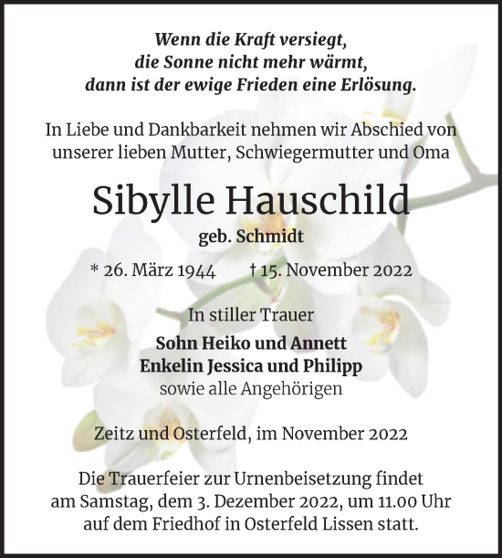 Traueranzeige von Sibylle Hauschild von Trauerkombi Zeitz