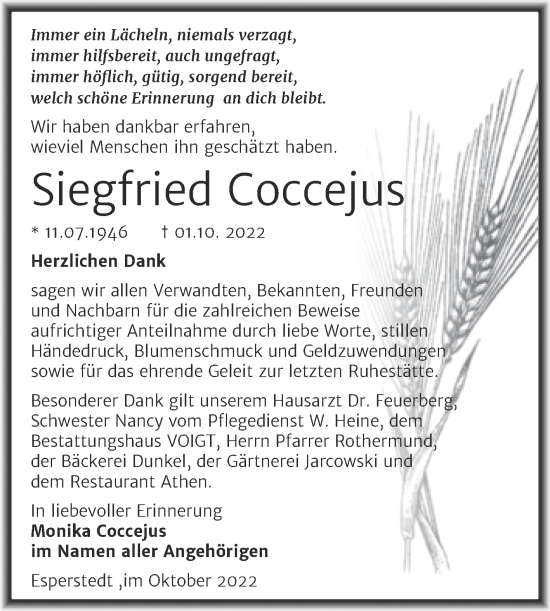 Traueranzeige von Siegfried Coccejus von Trauerkombi Merseburg