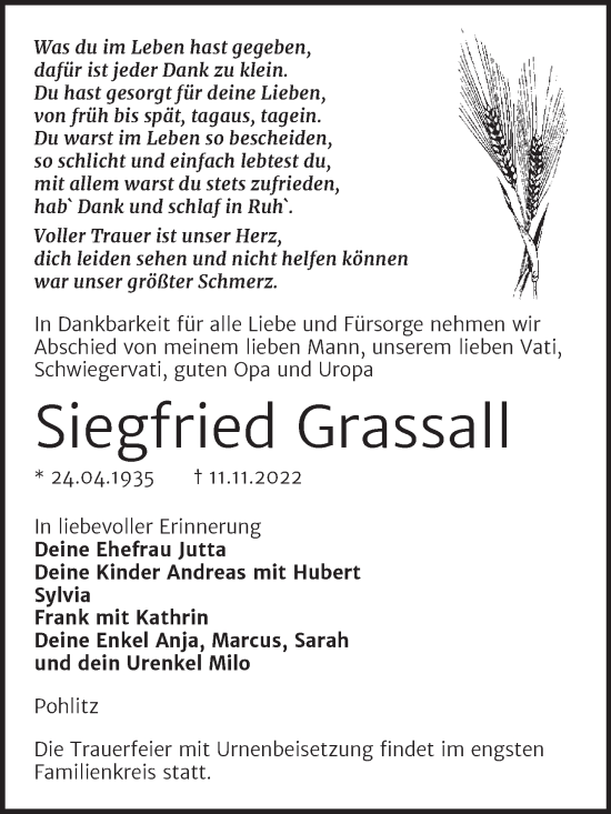 Traueranzeige von Siegfried Grassall von Wochenspiegel Naumburg/Nebra