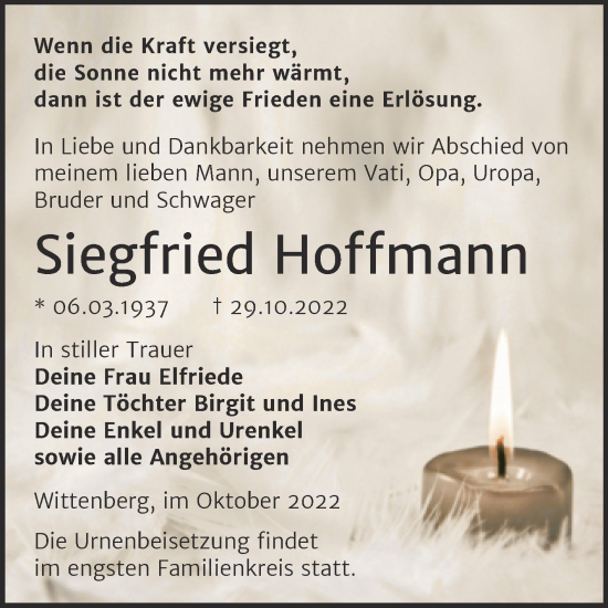 Traueranzeige von Siegfried Hoffmann von Trauerkombi Wittenberg