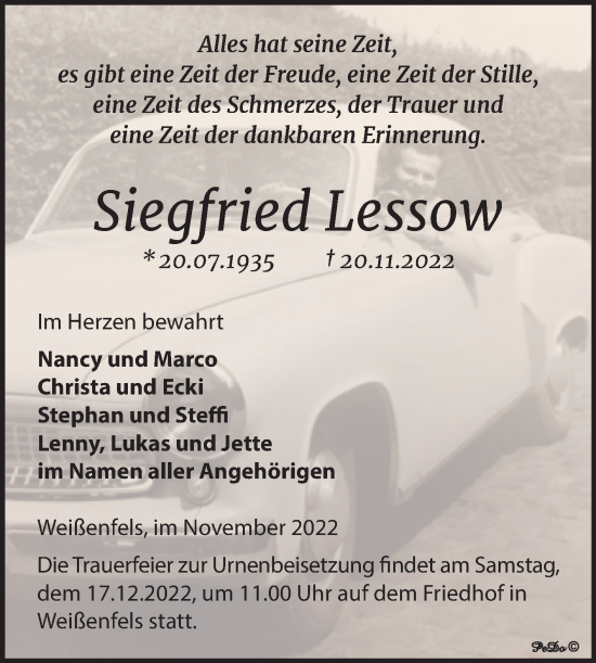 Traueranzeige von Siegfried Lessow von Trauerkombi Weißenfels