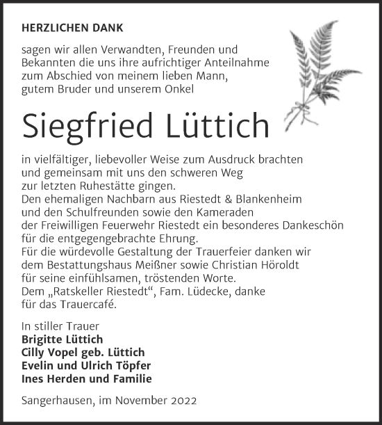 Traueranzeige von Siegfried Lüttich von Trauerkombi Sangerhausen