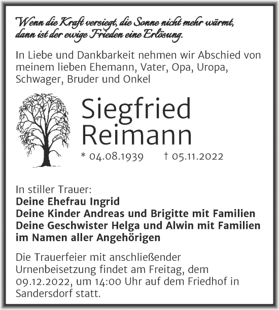 Traueranzeige von Siegfried Reimann von Trauerkombi Bitterfeld