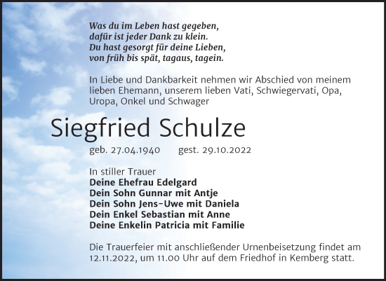 Traueranzeige von Siegfried Schulze von Trauerkombi Wittenberg