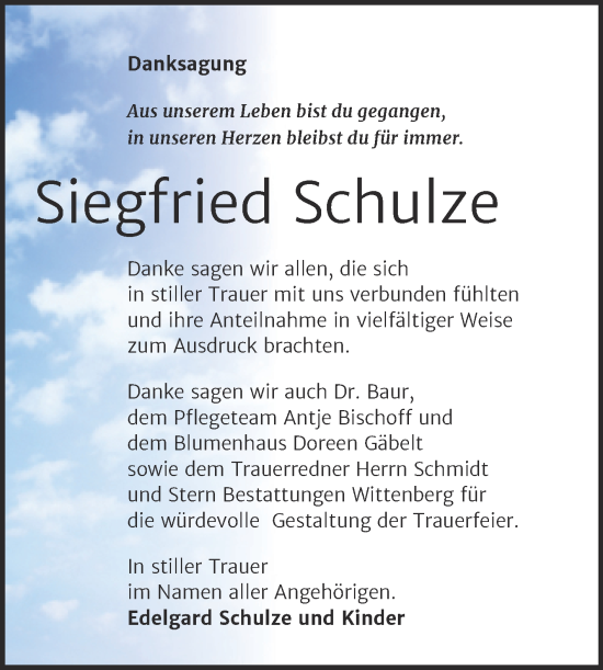 Traueranzeige von Siegfried Schulze von Trauerkombi Wittenberg