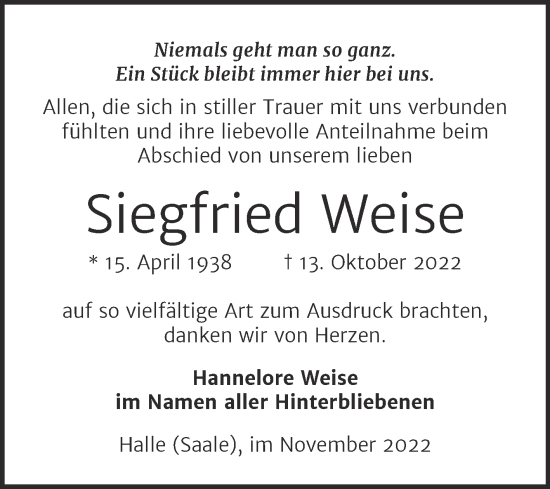 Traueranzeige von Siegfried Weise von Mitteldeutsche Zeitung Halle/Saalkreis