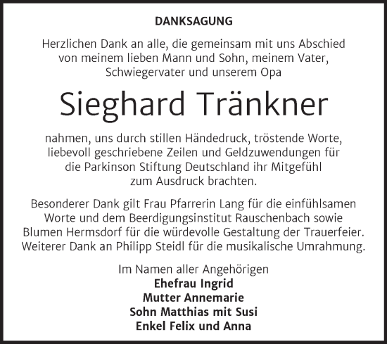 Traueranzeige von Sieghard Tränkner von Naumburger Tageblatt