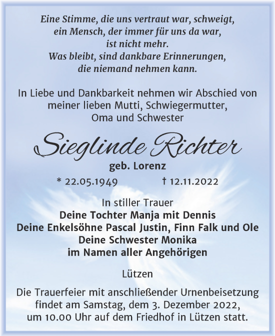 Traueranzeige von Sieglinde Richter von Trauerkombi Weißenfels