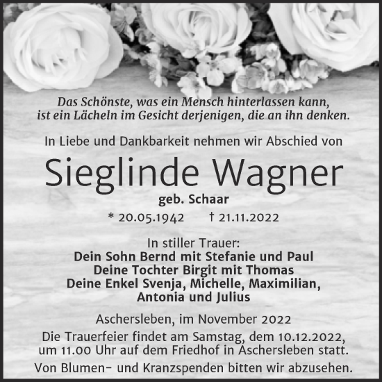 Traueranzeige von Sieglinde Wagner von Trauerkombi Aschersleben