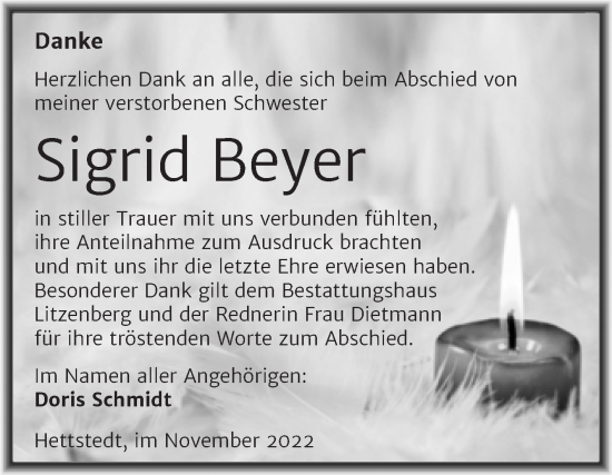 Traueranzeige von Sigrid Beyer von Trauerkombi Mansfelder Land