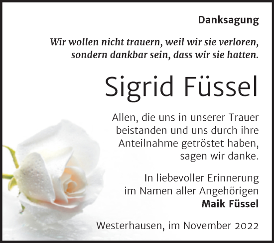 Traueranzeige von Sigrid Füssel von Trauerkombi Quedlinburg