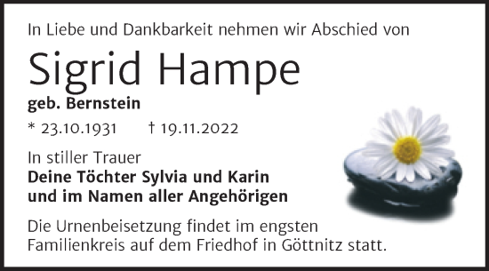 Traueranzeige von Sigrid Hampe von Trauerkombi Bitterfeld