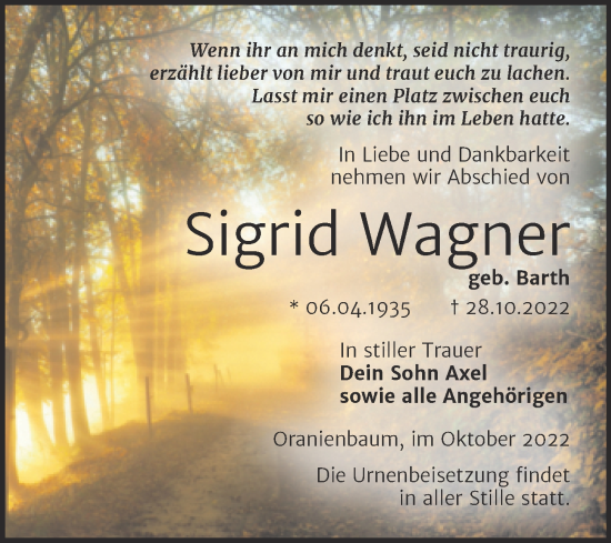 Traueranzeige von Sigrid Wagner von Trauerkombi Wittenberg