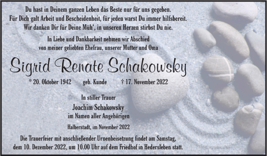 Traueranzeige von Sigrid Renate Schakowsky von Trauerkombi Quedlinburg
