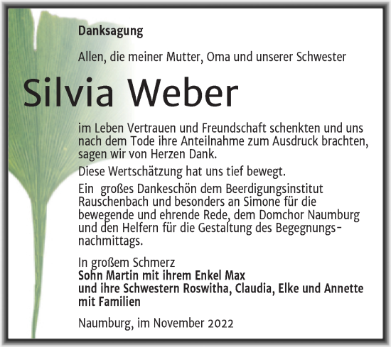 Traueranzeige von Silvia Weber von Wochenspiegel Naumburg/Nebra