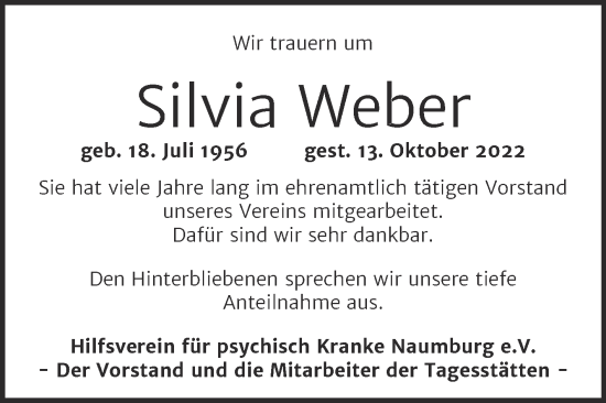 Traueranzeige von Silvia Weber von Naumburger Tageblatt