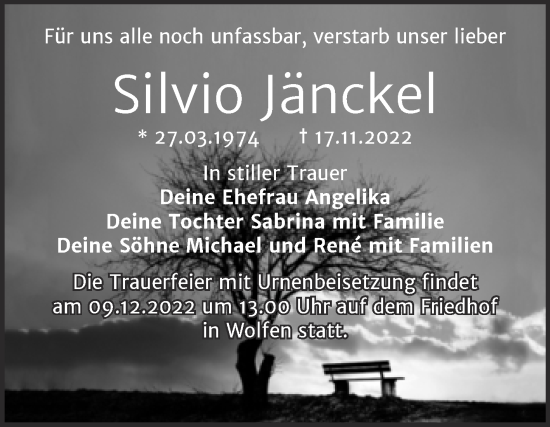 Traueranzeige von Silvio Jänckel von Trauerkombi Bitterfeld