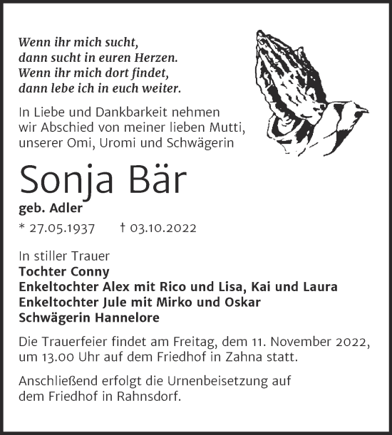 Traueranzeige von Sonja Bär von Trauerkombi Wittenberg