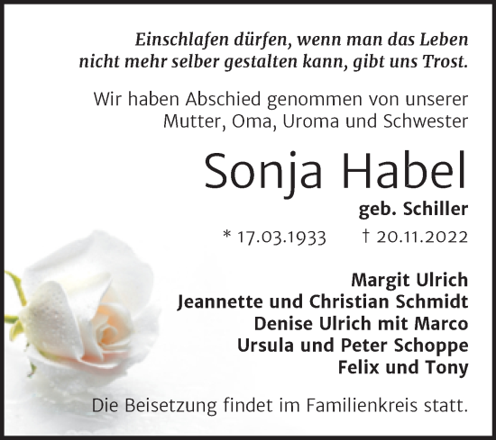 Traueranzeige von Sonja Habel von Mitteldeutsche Zeitung Halle/Saalkreis