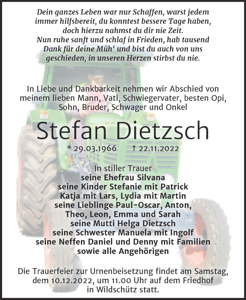  Traueranzeige für Stefan Dietzsch vom 30.11.2022 aus Trauerkombi Weißenfels