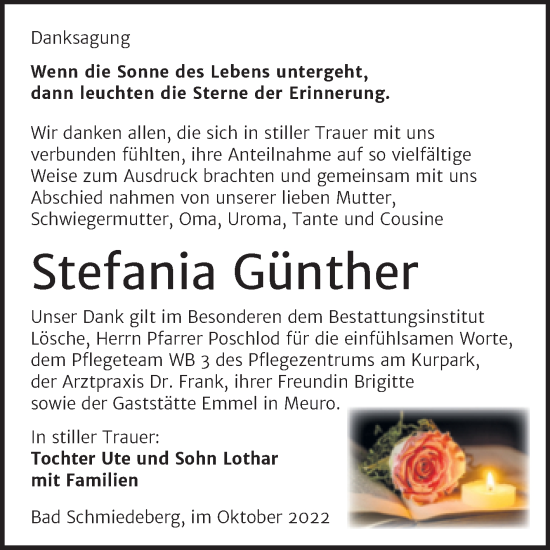 Traueranzeige von Stefania Günther von Trauerkombi Wittenberg
