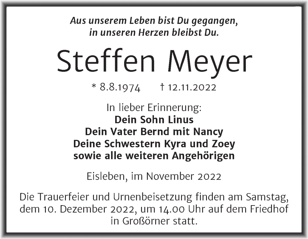  Traueranzeige für Steffen Meyer vom 26.11.2022 aus Trauerkombi Mansfelder Land