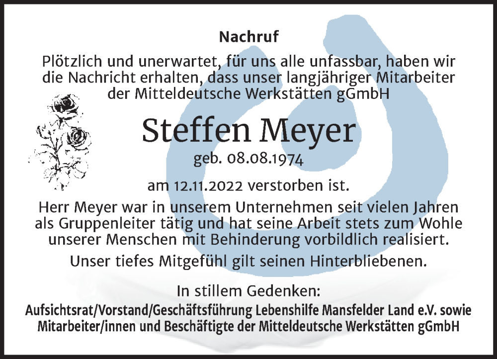  Traueranzeige für Steffen Meyer vom 25.11.2022 aus Mitteldeutsche Zeitung Mansfelder Land